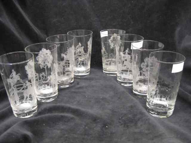 Appraisal: Heisey Glass ''Fox Chase'' Etched Glasses '' excellent