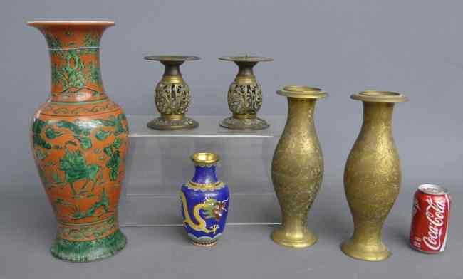 Appraisal: Asian lot including '' vase pr prickett sticks one prickett