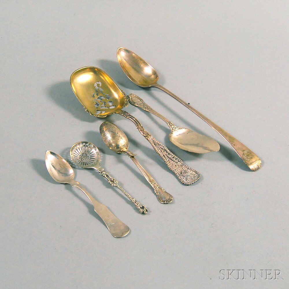 Appraisal: Six Assorted Sterling Silver Spoons a Georgian stuffing spoon an