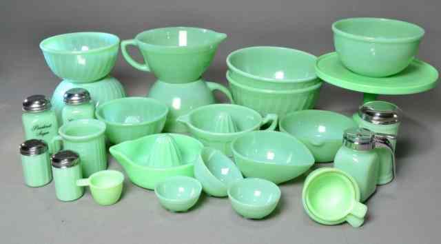 Appraisal: PC JADITE GLASS COLLECTION OF BAKEWARETo include mixing bowls pitchers