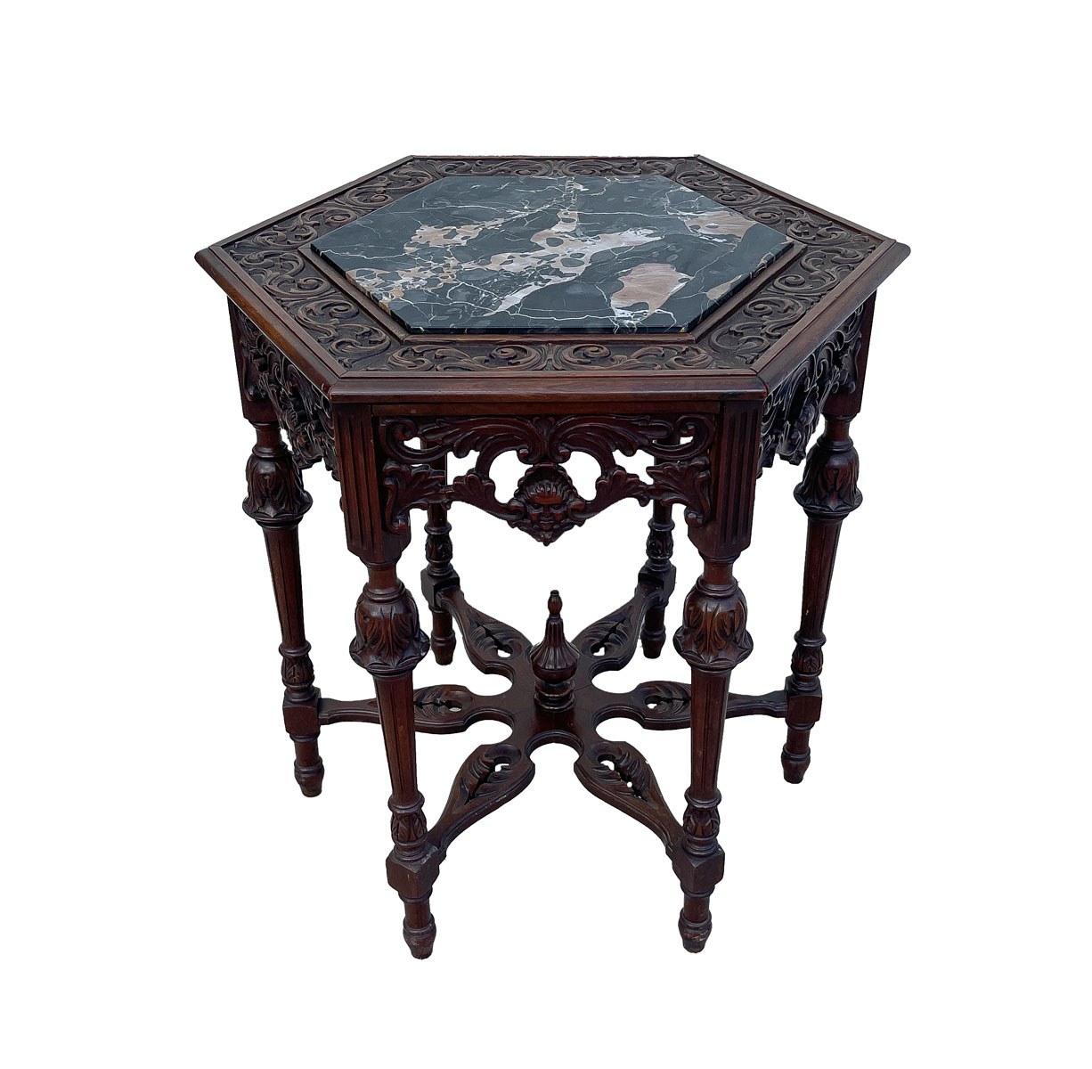 Appraisal: CARVED HEXAGONAL MARBLE TOP TABLE Hexagonal marble slab with an