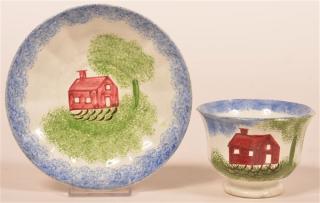 Appraisal: Blue Spatter School House Cup and Saucer Blue Spatter Ironstone