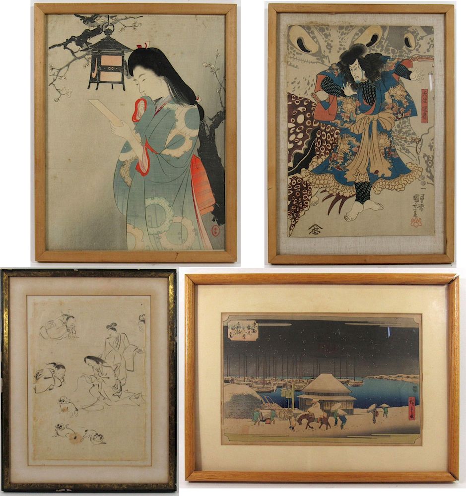 Appraisal: Four Framed Woodblock Prints Japanese Beauty composing waka by Nenoh