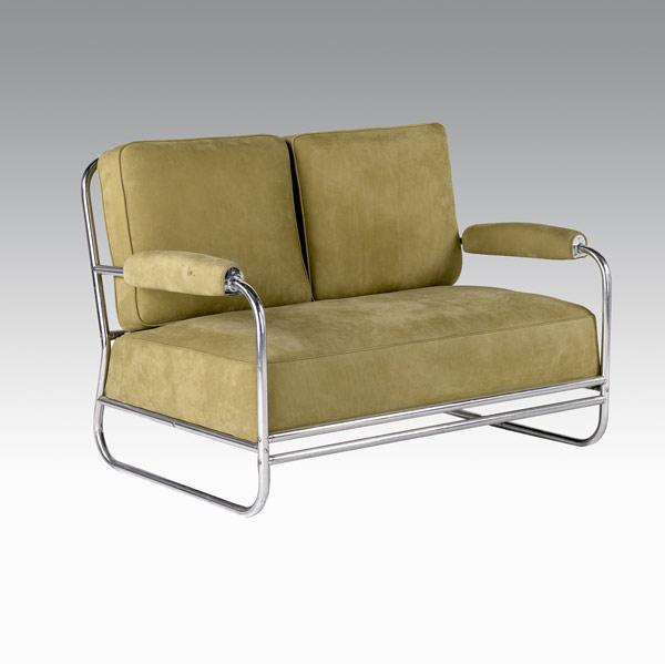 Appraisal: THE HOWELL CO Settee with green ultrasuede upholstery on chromed