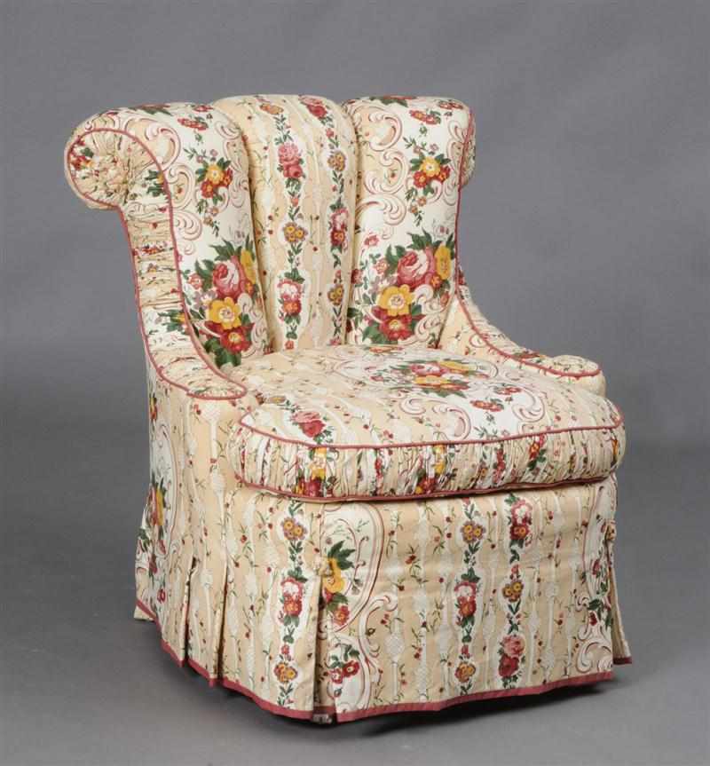 Appraisal: FLORAL CHINTZ UPHOLSTERED FAN-BACK SLIPPER CHAIR x x in Estate