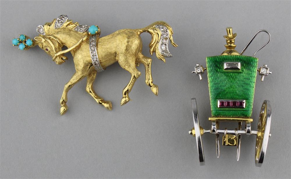 Appraisal: ENGLISH K YELLOW GOLD DIAMOND AND TURQUOISE HORSE PIN AND