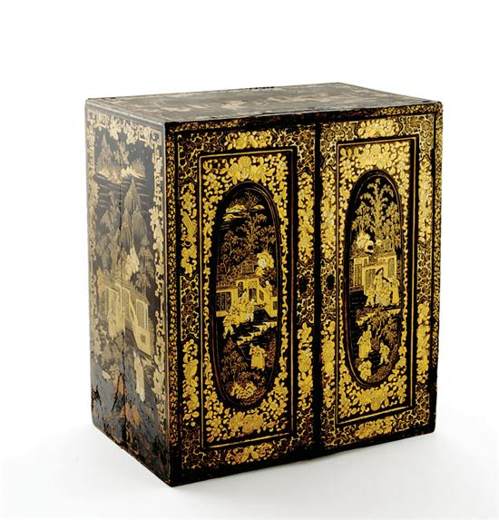 Appraisal: Diminutive Chinese black lacquer and chinoiserie cabinet circa rectangular case