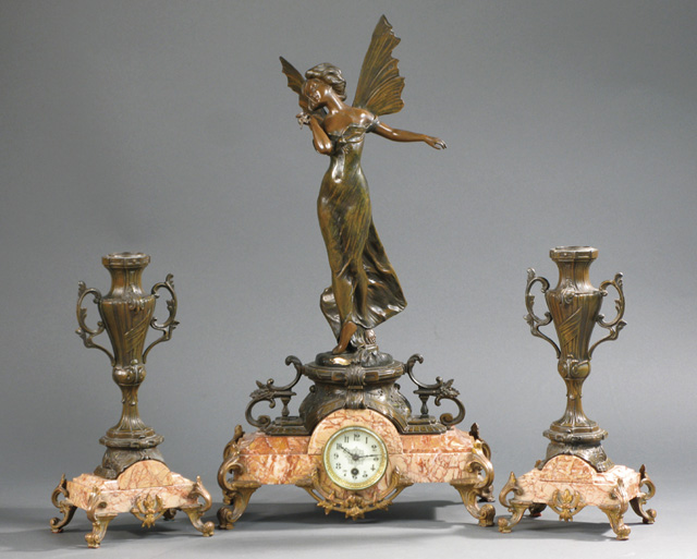 Appraisal: THREE-PIECE ART NOUVEAU SPELTER AND MARBLE CLOCK SET French c