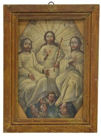 Appraisal: Framed oil on tin retablo La Santa Trinidad Mexico th