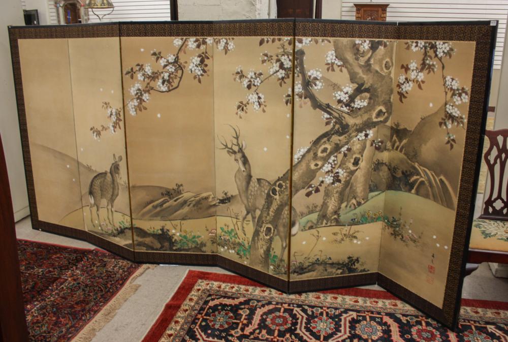 Appraisal: JAPANESE SIX-PANEL FLOOR SCREEN featuring a buck and doe cherry