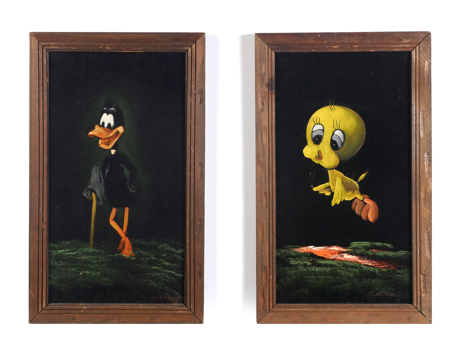 Appraisal: TWO AIRBRUSH ON VELVET PAINTINGS TWEETY AND DAFFY DUCK ''