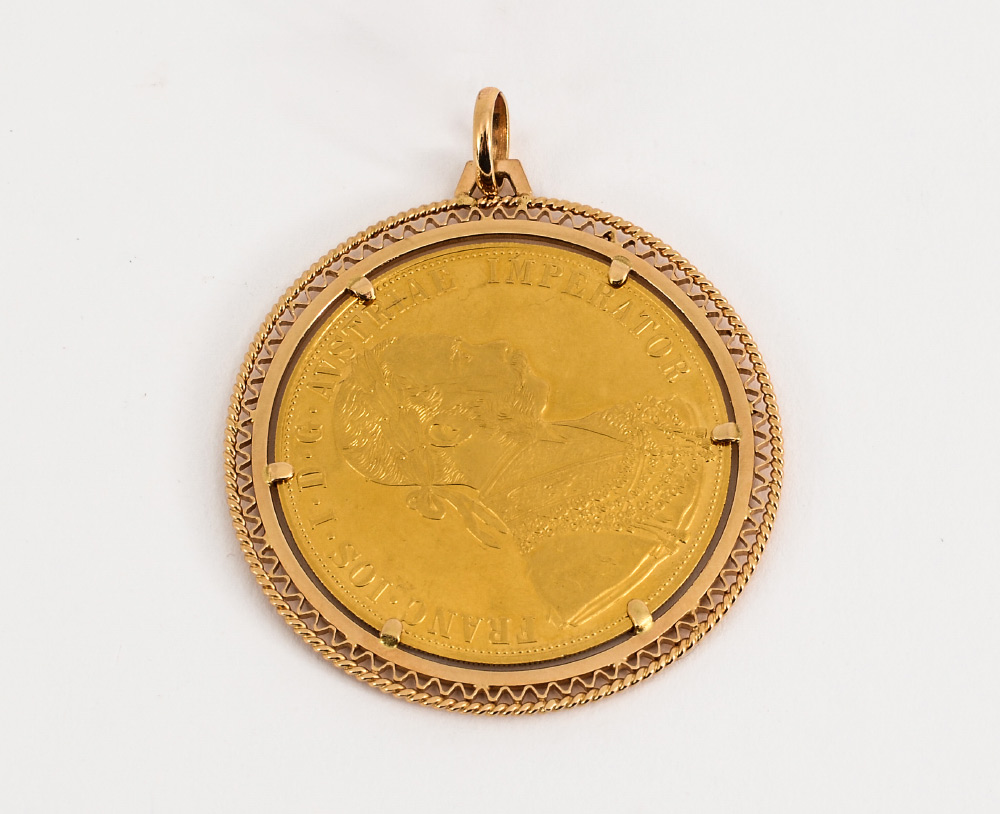 Appraisal: AUSTRIAN DUCAT GOLD COIN PENDANT Official restrike coin bezel set