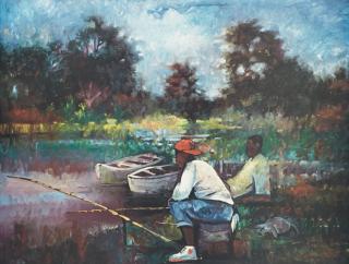 Appraisal: William Tolliver - Catching Fish th c monoprint signed l