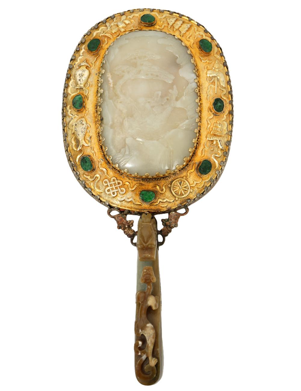 Appraisal: CHINESE JADE GILT SILVER HAND MIRRORChinese jade and gilt silver