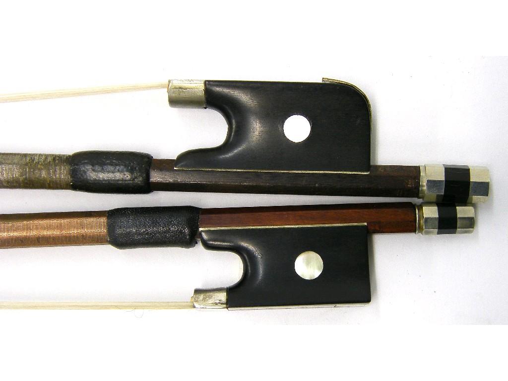 Appraisal: Nickel mounted violin bow and nickel mounted violoncello bow both