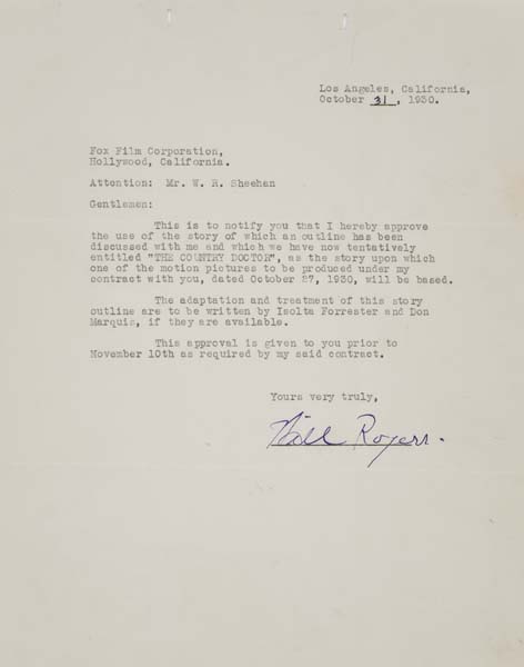 Appraisal: WILL ROGERS Group of typed letters signed by Rogers approving