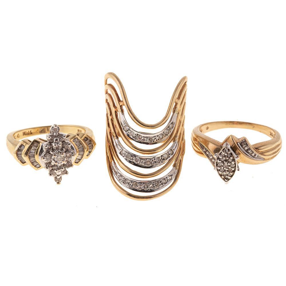 Appraisal: A Trio of Diamond Rings in Yellow Gold K yellow