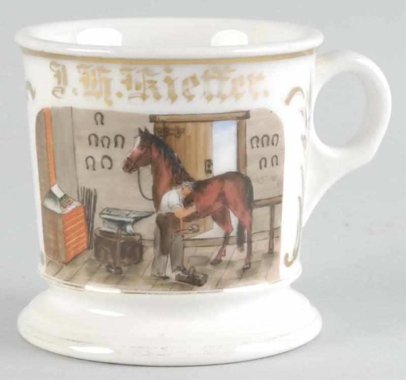 Appraisal: Blacksmith Shoeing a Horse Scene Shaving Mug Description Gilt name