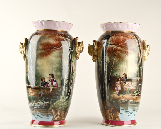 Appraisal: A Pair th C Paris Pictorial Porcelain Vases each with