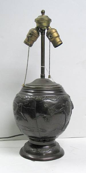 Appraisal: A patinated bronze globular footed jar With raised birds and