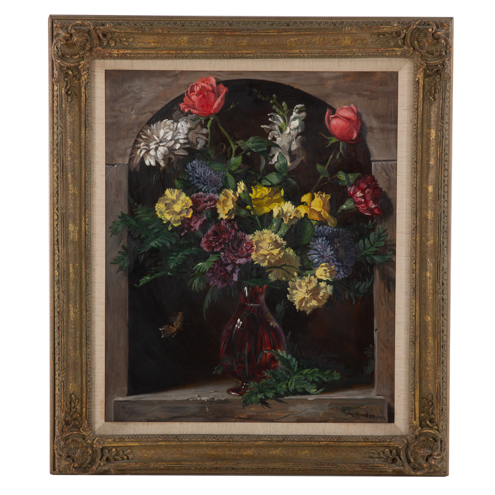 Appraisal: JOSEPH SHEPPARD FLOWERS IN NICHE OIL ON BOARD American b