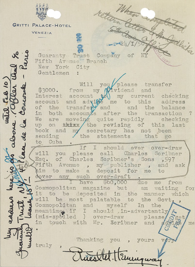 Appraisal: HEMINGWAY ERNEST Typed Letter Signed Ernest M Hemingway with a