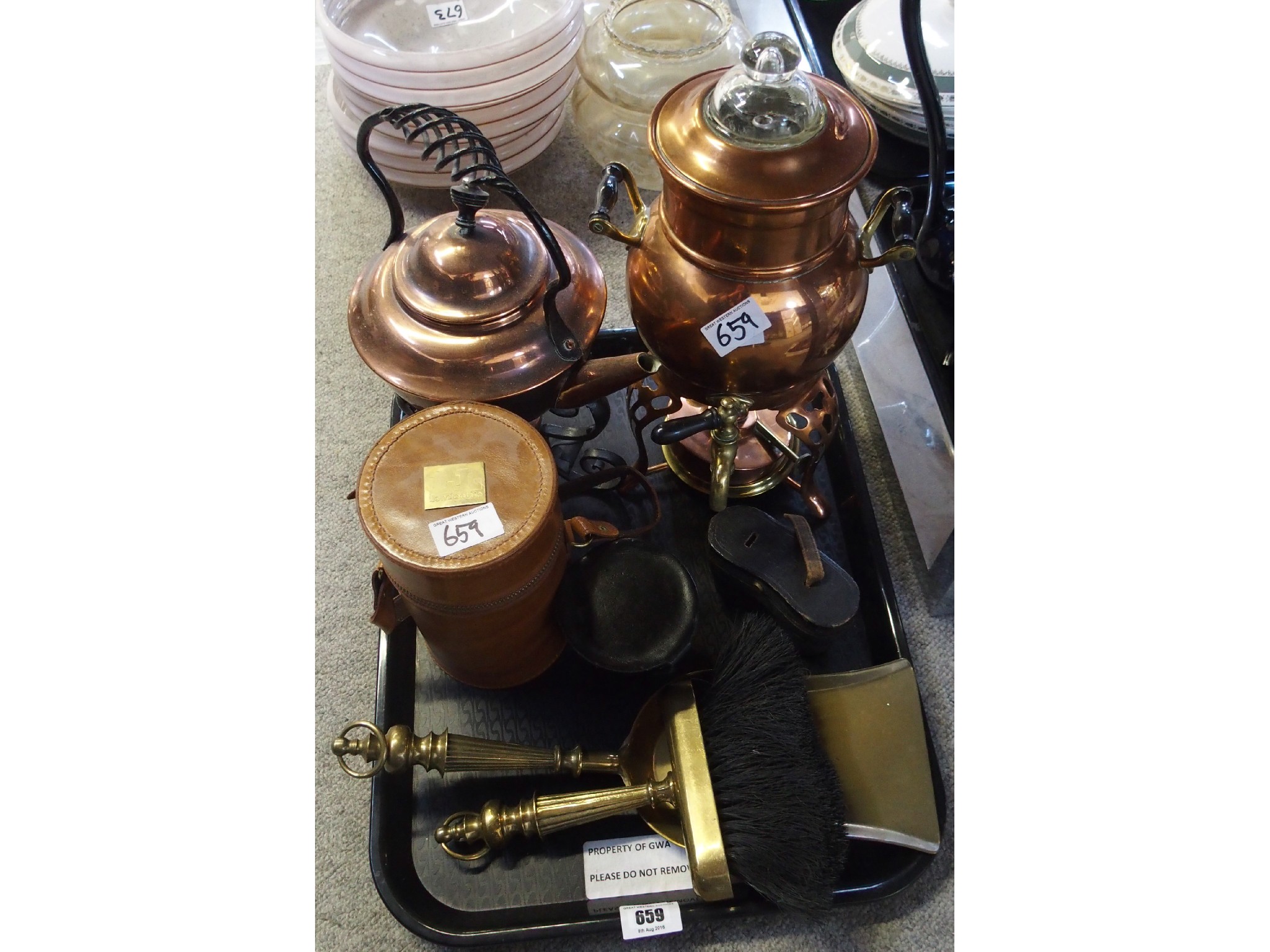 Appraisal: Tray comprising copperwares including two kettles on stand brass fire