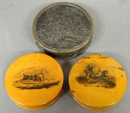 Appraisal: - Two round Mauchline ware snuff boxes th c decorated