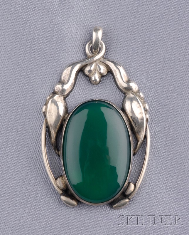 Appraisal: Silver and Green Onyx Pendant Georg Jensen set with a