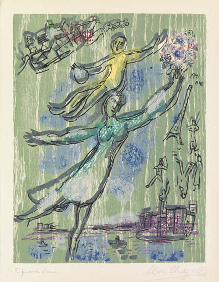 Appraisal: MARC CHAGALL L'Artiste et femme dans le ciel Color woodcut