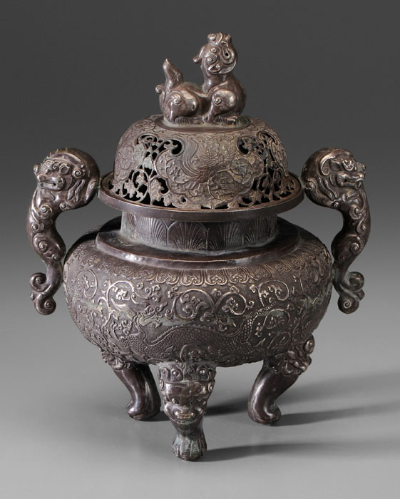 Appraisal: Silver Tripod Censer Chinese modern reticulated lid with bixie finial