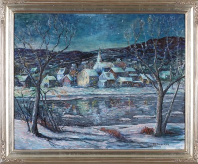 Appraisal: Rivertown at Dusk oil on canvas x SLR P A