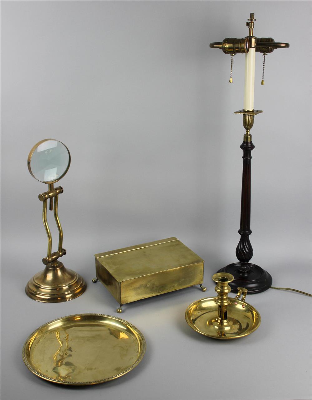 Appraisal: ENGLISH BRASS MOUNTED WOOD CANDLESTICK LAMP AND FOUR BRASS DESK