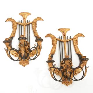 Appraisal: Pair large Italian Neo-Classical giltwood sconces Mid th c lyre-form