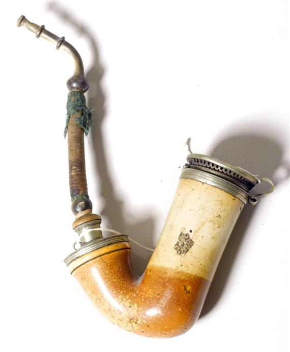 Appraisal: TOBACCO PIPE th century Wood and terracotta with brass fittings