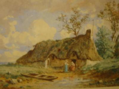 Appraisal: CIRCLE OF DAVID COX Figures before a Thached Cottage signed