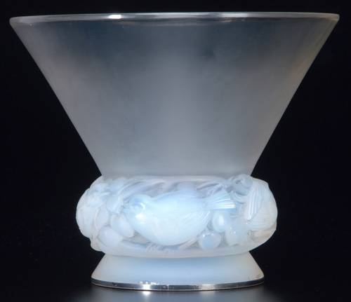 Appraisal: R LALIQUE Vase Pinsons opalescent with blue-gray patina c Foot