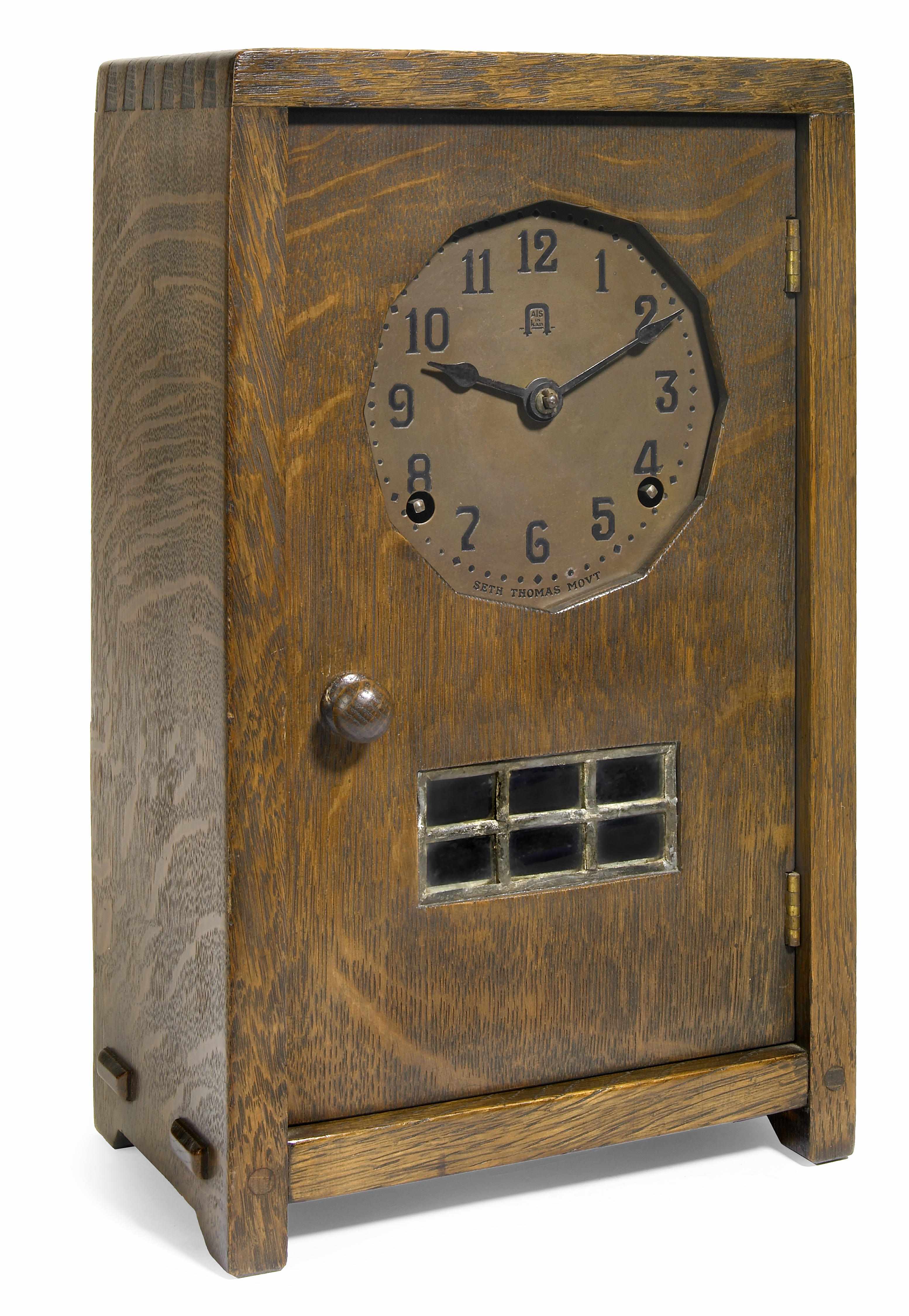 Appraisal: A Gustav Stickley oak and copper mantel clock circa movement