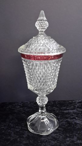 Appraisal: Diamond Point Ruby Footed Urn with Lid Red flashed rim