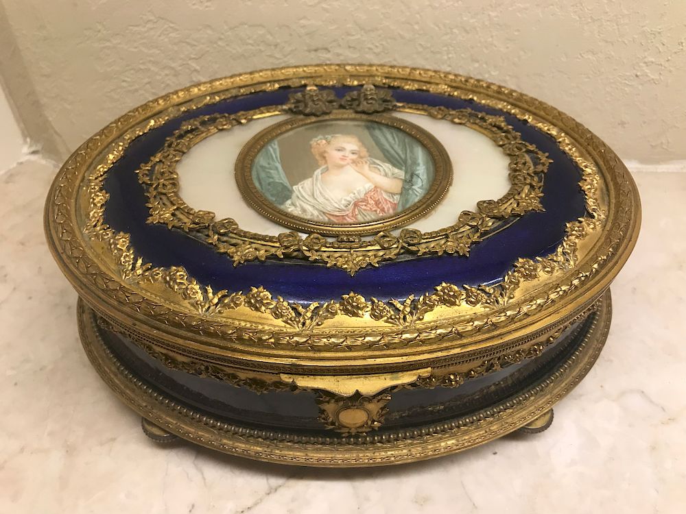 Appraisal: Guilloche Enamel and Ormolu Box c A magnificent hinged oval