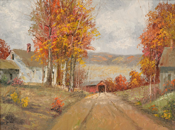 Appraisal: Joseph Trover American b autumn covered bridge scene oil on