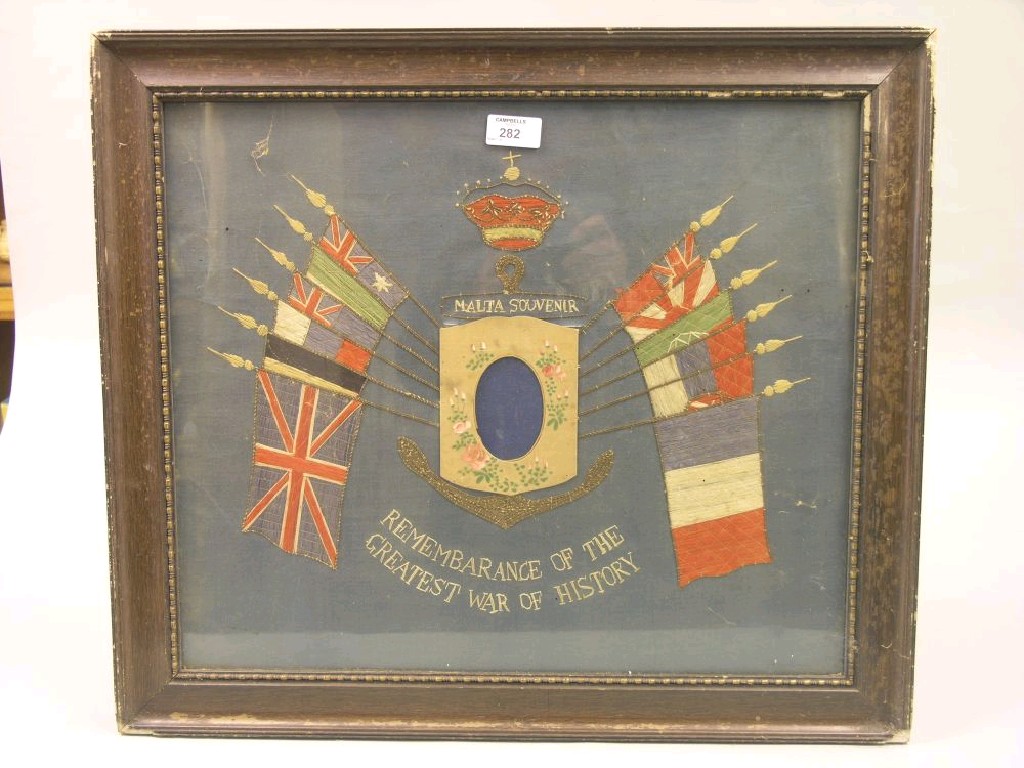 Appraisal: A World War I Malta souvenir a needlework depiction of