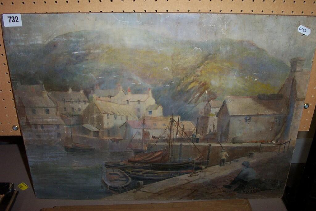 Appraisal: An oil painting on board of a Cornish harbour scene