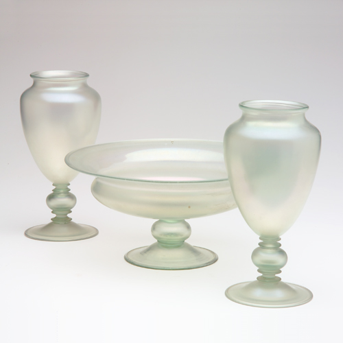 Appraisal: STEUBEN Three-piece verre-de-soie garniture comprised of two baluster vases and