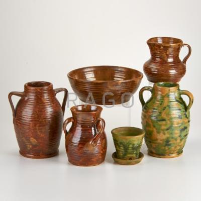 Appraisal: FULPER Six pieces of Colonial ware Three vases pitcher planter