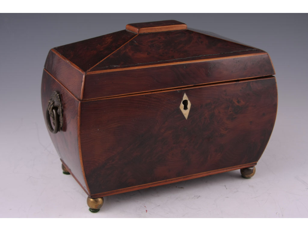 Appraisal: English Tea Caddy ca burlwood veneer with lightwood string inlay