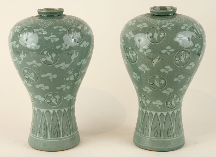 Appraisal: PAIR OF MARKED JAPANESE CELADON VASES A pair of Japanese