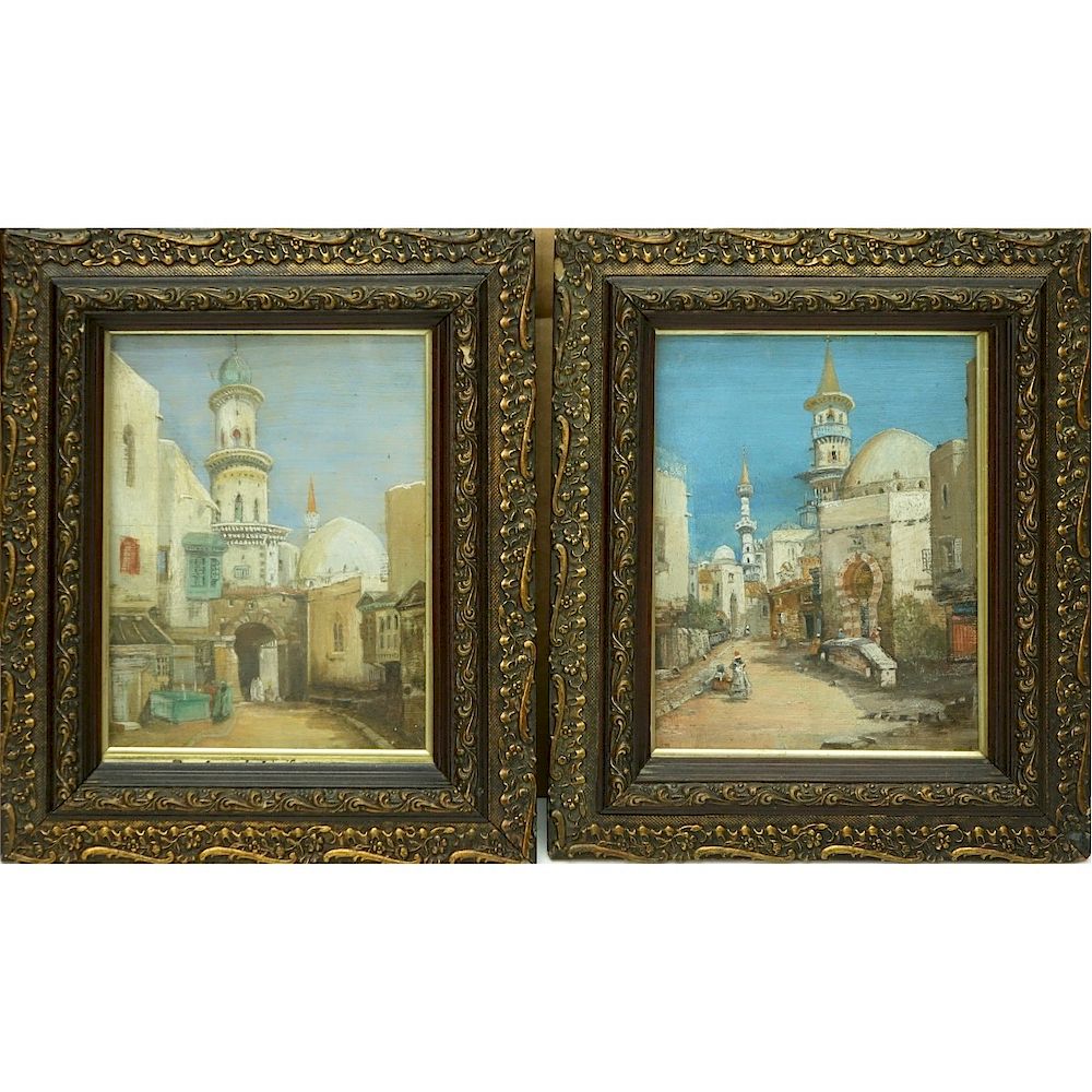 Appraisal: Pair Orientalist School Oil On Panel Paintings Pair Antique Orientalist