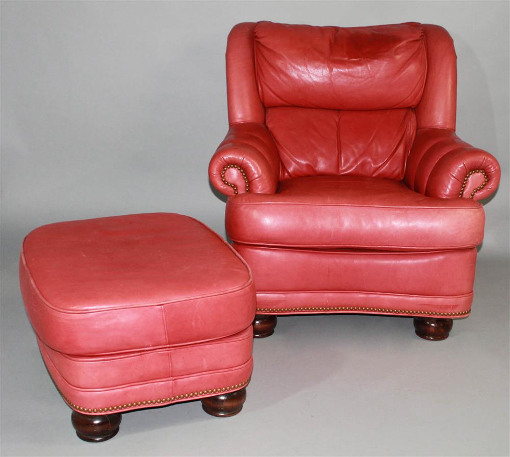 Appraisal: EXECUTIVE LEATHER HICKORY NC RED LEATHER EASY CHAIR AND OTTOMAN