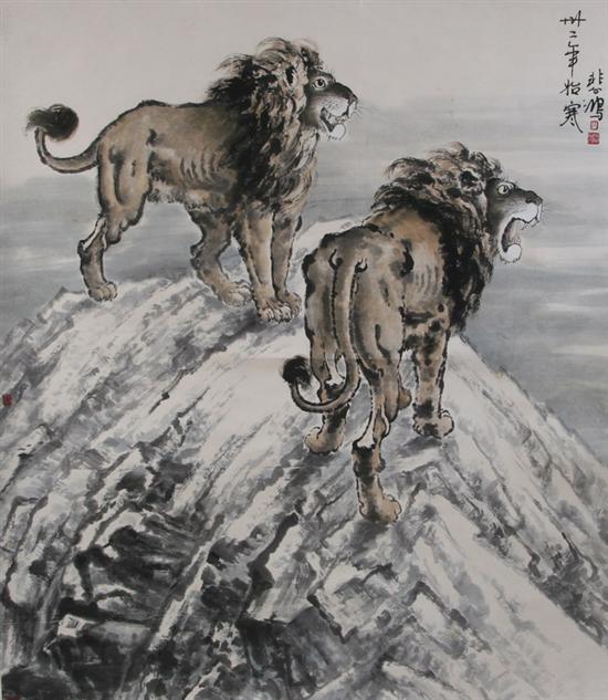 Appraisal: AFTER XU BEI HONG Chinese - TWO LIONS ink and